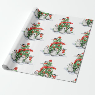 kerstboom met pinguïns kerst cadeaupapier