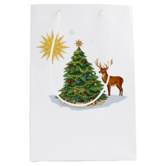 Kerstboom met rendiercadeaus en gouden ster medium cadeauzakje