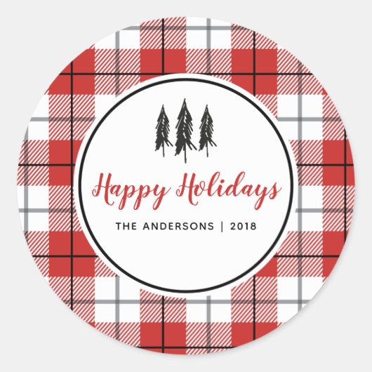 Kerstboom met rode en witte gingham-flatel ronde sticker (Voorkant)
