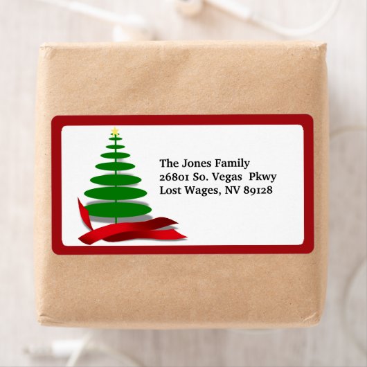 Kerstboom met rood lint etiket (Insitu)