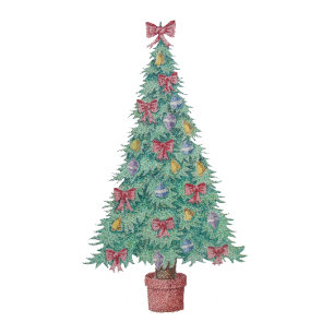 kerstboom met versiering van rode bogen en met kun stropdas