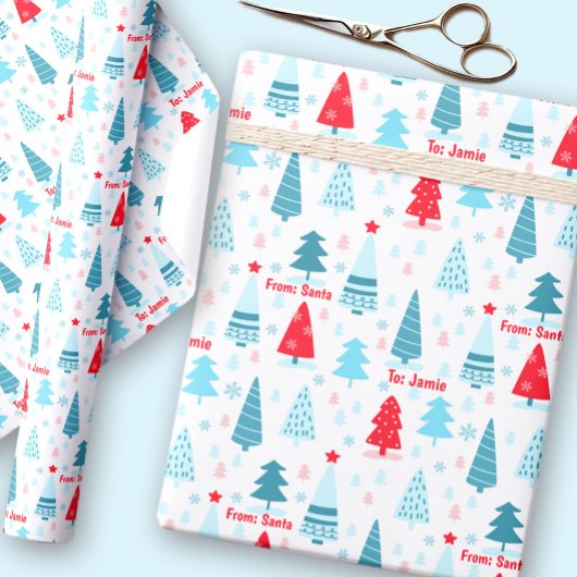 Kerstboom Nordic Simple Blue Red Custom Name Cadeaupapier