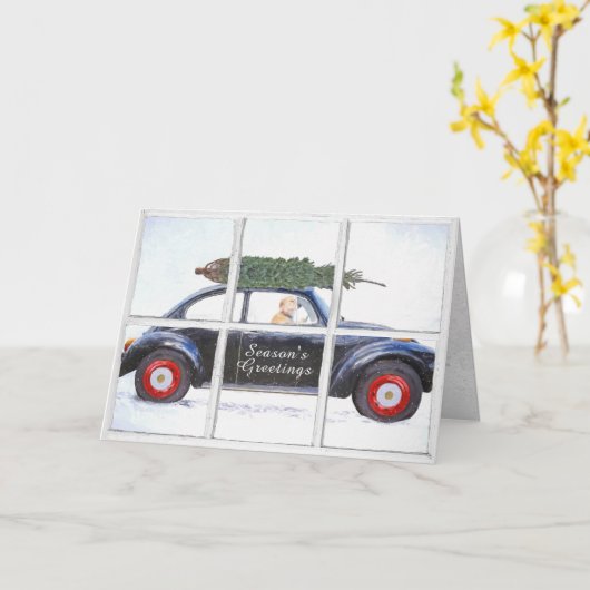 Kerstboom op auto met hond in sneeuwraam kaart (Gele Bloem)