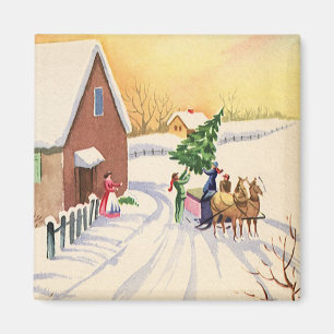 Kerstboom op een besneeuwde winterweg magneet