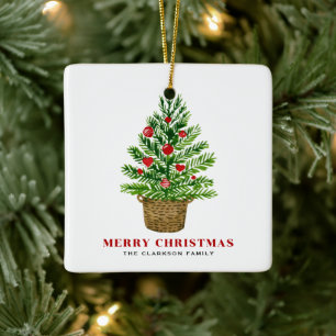Kerstboom op een Wicker Basket Vrolijk kerstfeest Keramisch Ornament