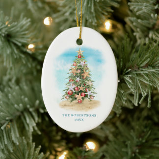 Kerstboom op het strand foto keramisch ornament