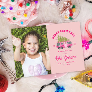 Kerstboom op Roze RV Foto Feestdagenkaart