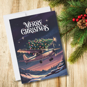 Kerstboom op vintage vliegtuig foto grappig feestdagenkaart