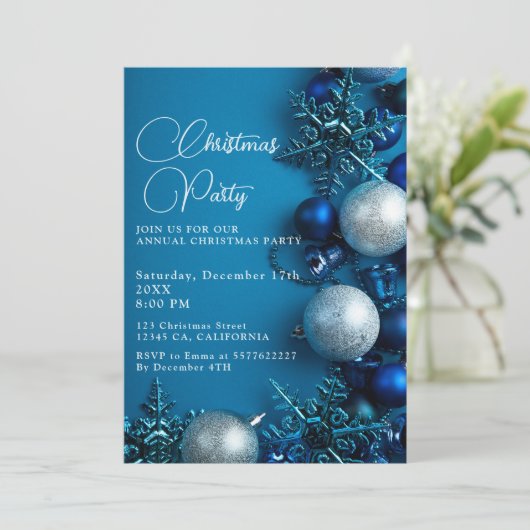 Kerstboom Ornament Party Blauw Kaart (Staand voorkant)