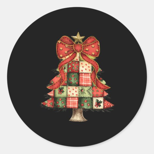 Kerstboom Patchwork Coquette Bow Xmas Pyjama Ronde Sticker (Voorkant)