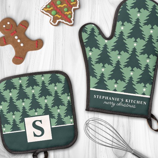 Kerstboom Patroon Sage Groen Monogrammed Ovenwant & Pannenlap Set