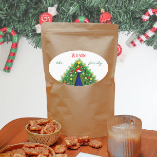 Kerstboom Pauw Familie Naam Ovale Sticker