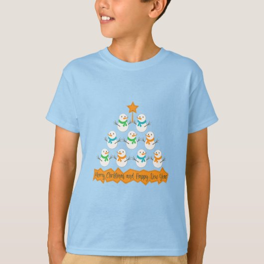 Kerstboom piramide gemaakt van Kerstmis sneeuwpopp T-shirt (Voorkant)