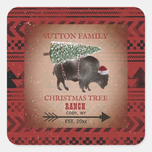 Kerstboom, Ranch Santa Bison Geometric Pattern Vierkante Sticker (Voorkant)