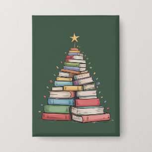 Kerstboom Retro Boekenwurm Bibliotheek Button