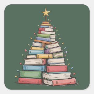 Kerstboom Retro Boekenwurm Bibliotheek Vierkante Sticker