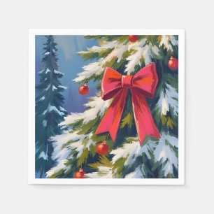 Kerstboom Rode Strik Waterverfschilderij Servet