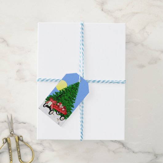 Kerstboom Rode Wagon Cadeaus Gift Labels Cadeaulabel (Met Touw)
