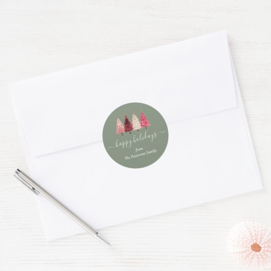 Kerstboom Rood Roze Groen Custom Ronde Sticker (Envelop)