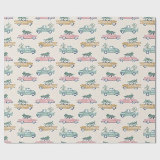 Kerstboom Roze Gouden Retro Vrachtwagen Cadeaupapier (Vlak)