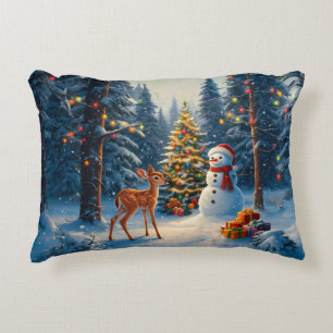 Kerstboom Scene Schattige Herten Fawn Snowman Accent Kussen