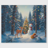 Kerstboom Scene Schattige Herten Fawn Snowman Cadeaupapier (Vlak)