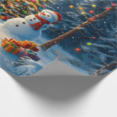 Kerstboom Scene Schattige Herten Fawn Snowman Cadeaupapier (Hoek)