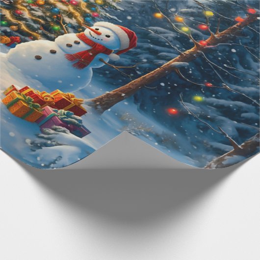 Kerstboom Scene Schattige Herten Fawn Snowman Cadeaupapier (Hoek)