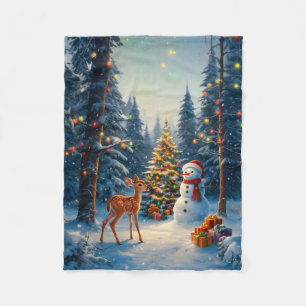 Kerstboom Scene Schattige Herten Fawn Snowman Fleece Deken
