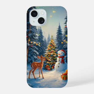 Kerstboom Scene Schattige Herten Fawn Snowman iPhone 15 Hoesje