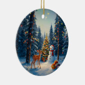 Kerstboom Scene Schattige Herten Fawn Snowman Keramisch Ornament (Rechts)