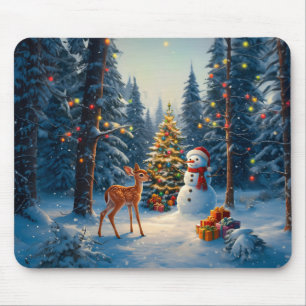 Kerstboom Scene Schattige Herten Fawn Snowman Muismat