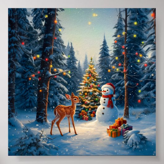 Kerstboom Scene Schattige Herten Fawn Snowman Poster (Voorkant)