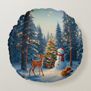 Kerstboom Scene Schattige Herten Fawn Snowman Rond Kussen