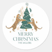 Kerstboom Schattigee Tijgers Vrolijke Kerstretro Ronde Sticker (Voorkant)