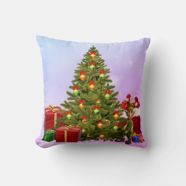 Kerstboom, Sierkussen met Elf en Gifts (Voorkant)