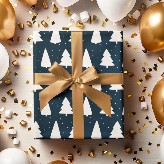 Kerstboom silhouetten wit & blauw cadeaupapier