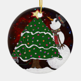 Kerstboom Sneeuwman Verrassingskunstdruk Keramisch Ornament