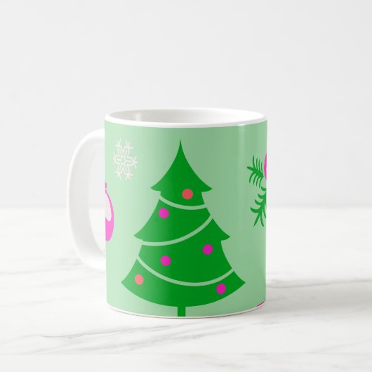 Kerstboom, sneeuwvlokken en decoraties koffiemok (Voorkant links)