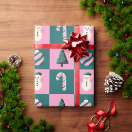 Kerstboom snoep rietsnuit bauble sneeuwpop roze cy cadeaupapier