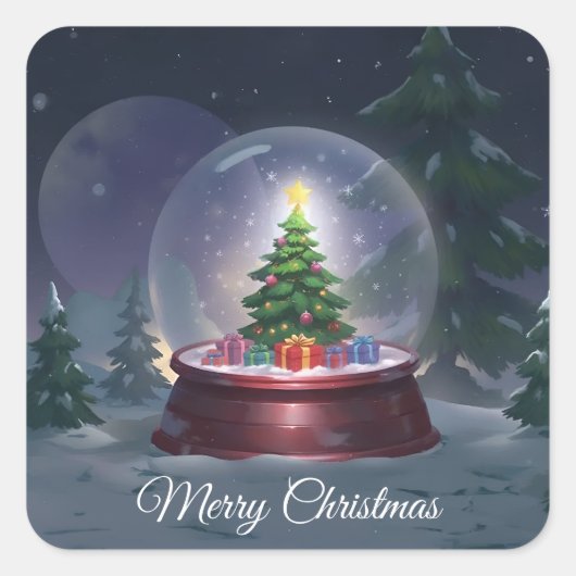 Kerstboom Snow Wereldbol Square Sticker (Voorkant)
