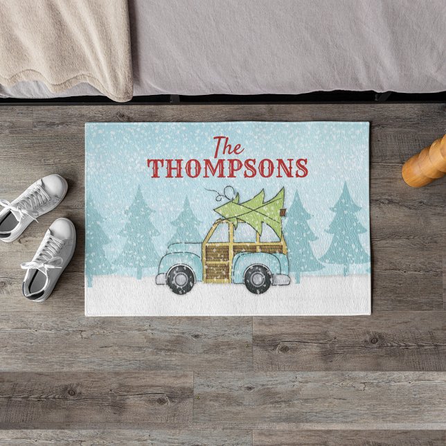 Kerstboom Snowflake Auto op maat Deurmat (Christmas tree cute woodland Woodie car custom doormat.)