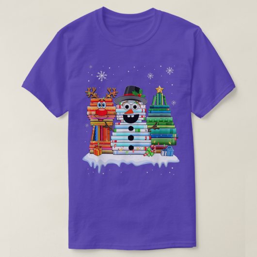 kerstboom Snowman Reindeer Book Stack T-shirt Lib (Design voorkant)