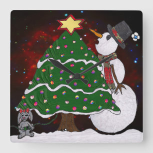 kerstboom Snowman Surprise Art Print Vierkante Klok