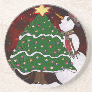 kerstboom Snowman Surprise Art Print Zandsteen Onderzetter