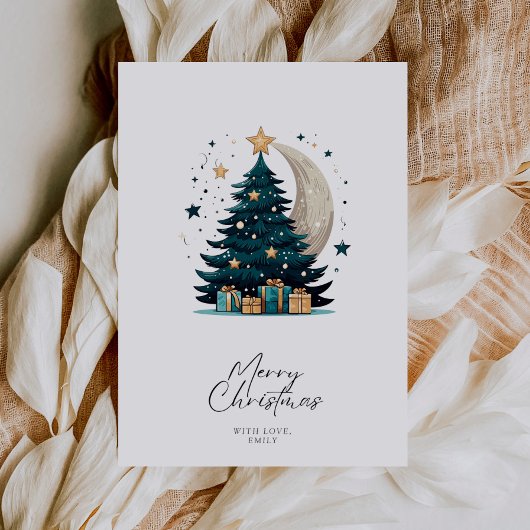 Kerstboom sterren de maan feestdagenkaart