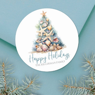 Kerstboom Strand Prettig Kerstfeest Ronde Sticker