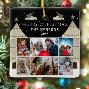 Kerstboom Truck Familie 6 Fotocollage Keramisch Ornament