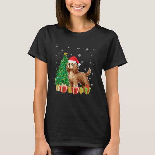 Kerstboom Verlichting Santa Hat Cockapoo Dog Kerst T-shirt (Voorkant)