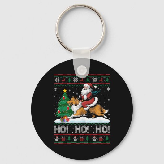 Kerstboom Verlichting Santa Riding Collie Dog Kers Sleutelhanger (Voorkant)